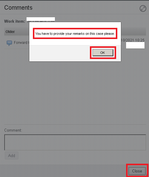 adding comments before dispatching the workitem in ibm case manager