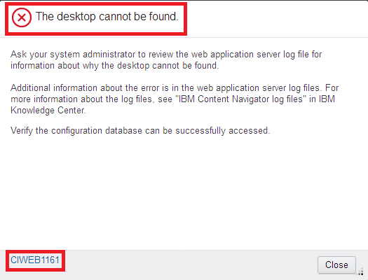 desktop cannot be found ibm content navigator error