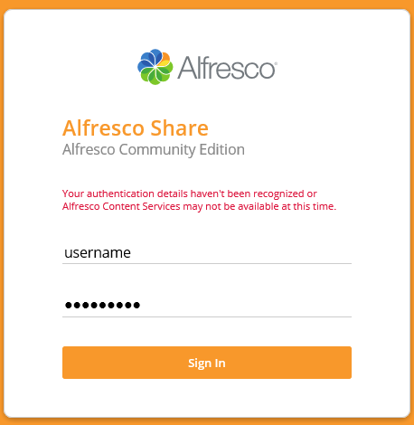 alfresco your authentication details have not been recognized