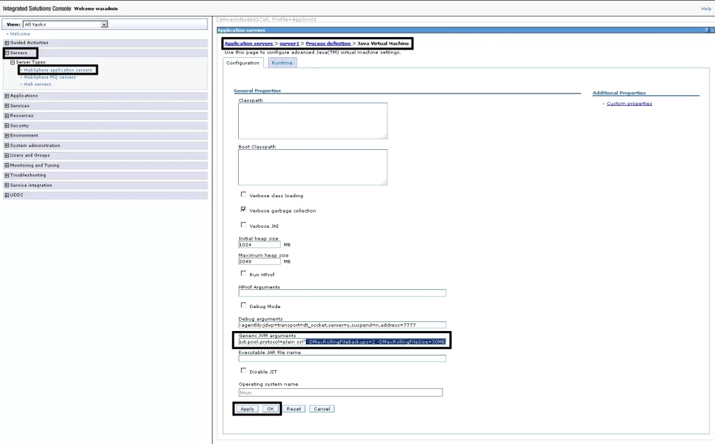 confugring log size in ibm filenet